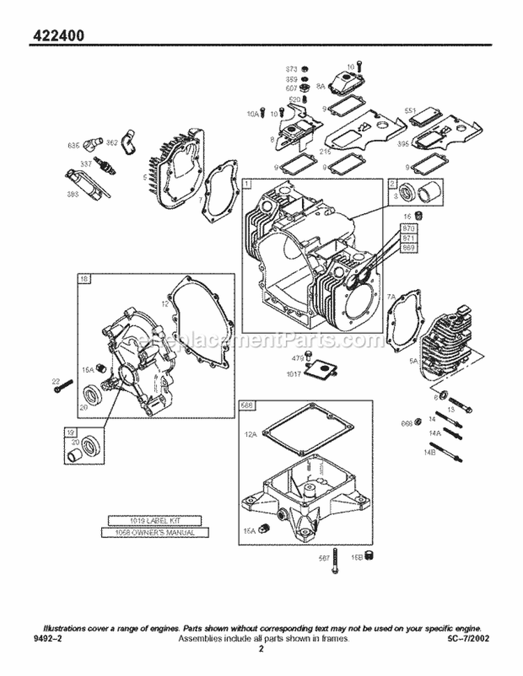 Crankcase CoverSump CylinderHead Diagram and Parts List for 422445-1290-01  Briggs and Stratton Engine